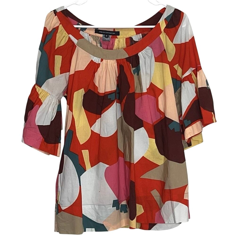 French Connection Top Size 12 Colorful Abstract Flowy Flutter Sleeve Blouse Art